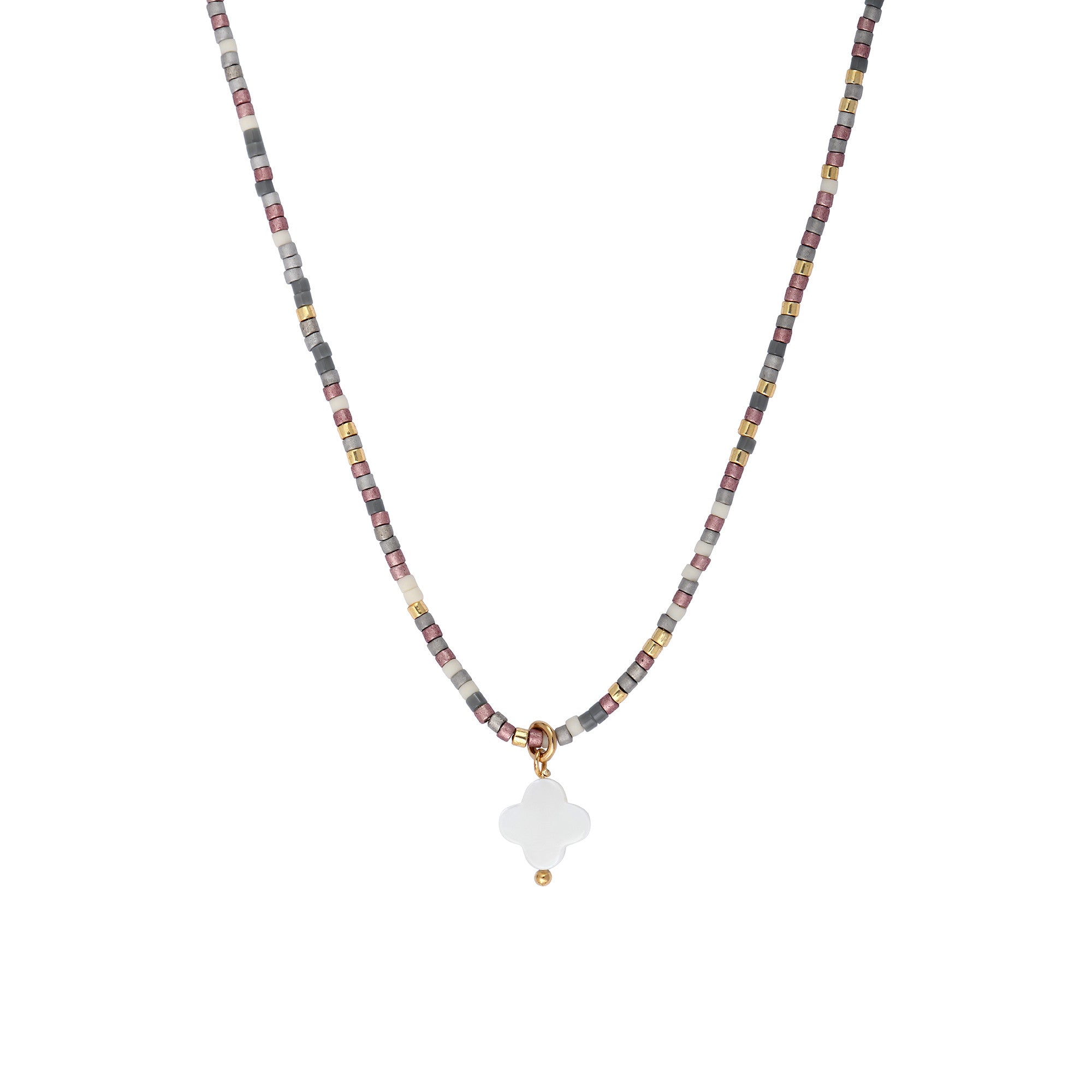 Miyuki Gray / Pink Mother of Pearl Flower Necklace