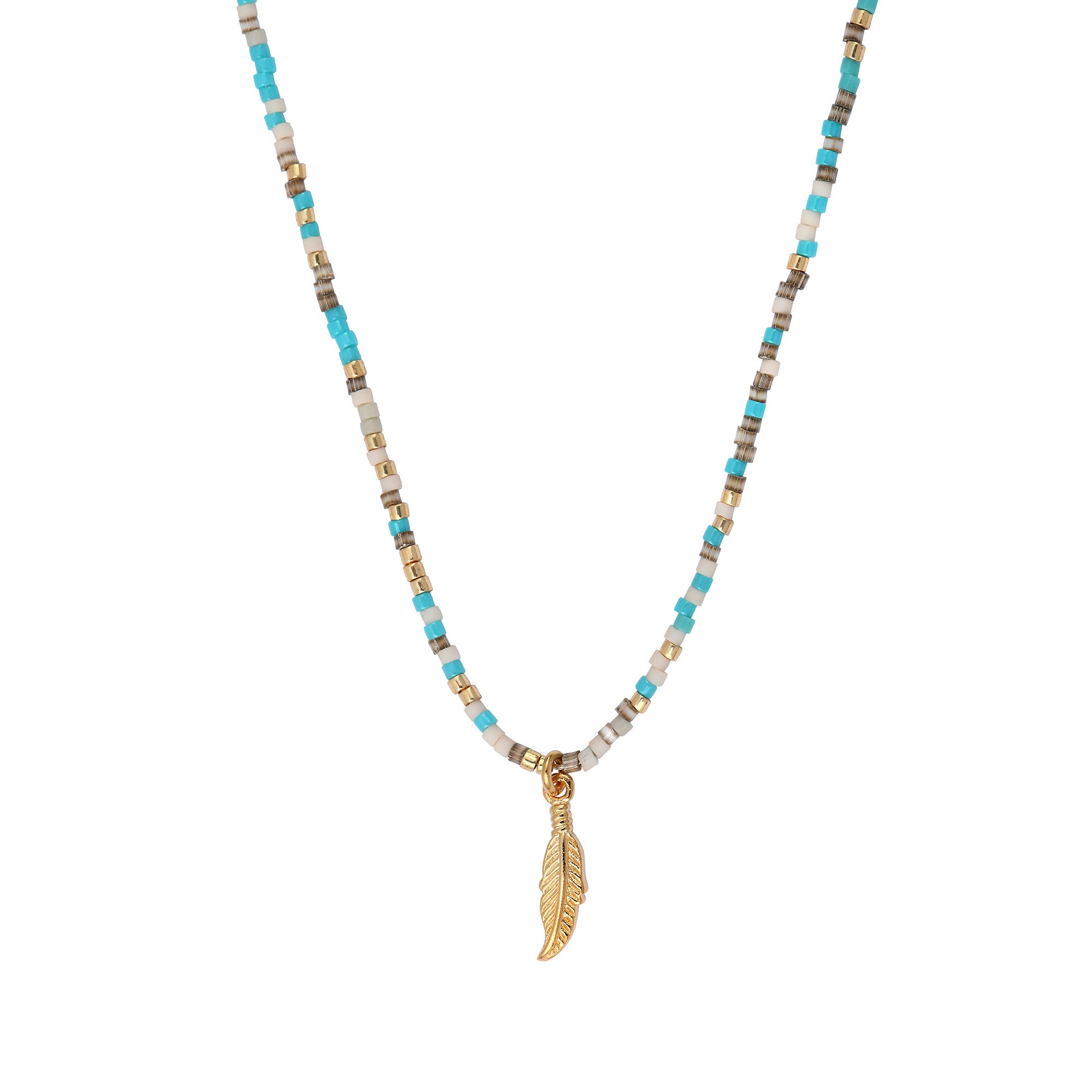 Miyuki Gold / Turquoise Feather Necklace