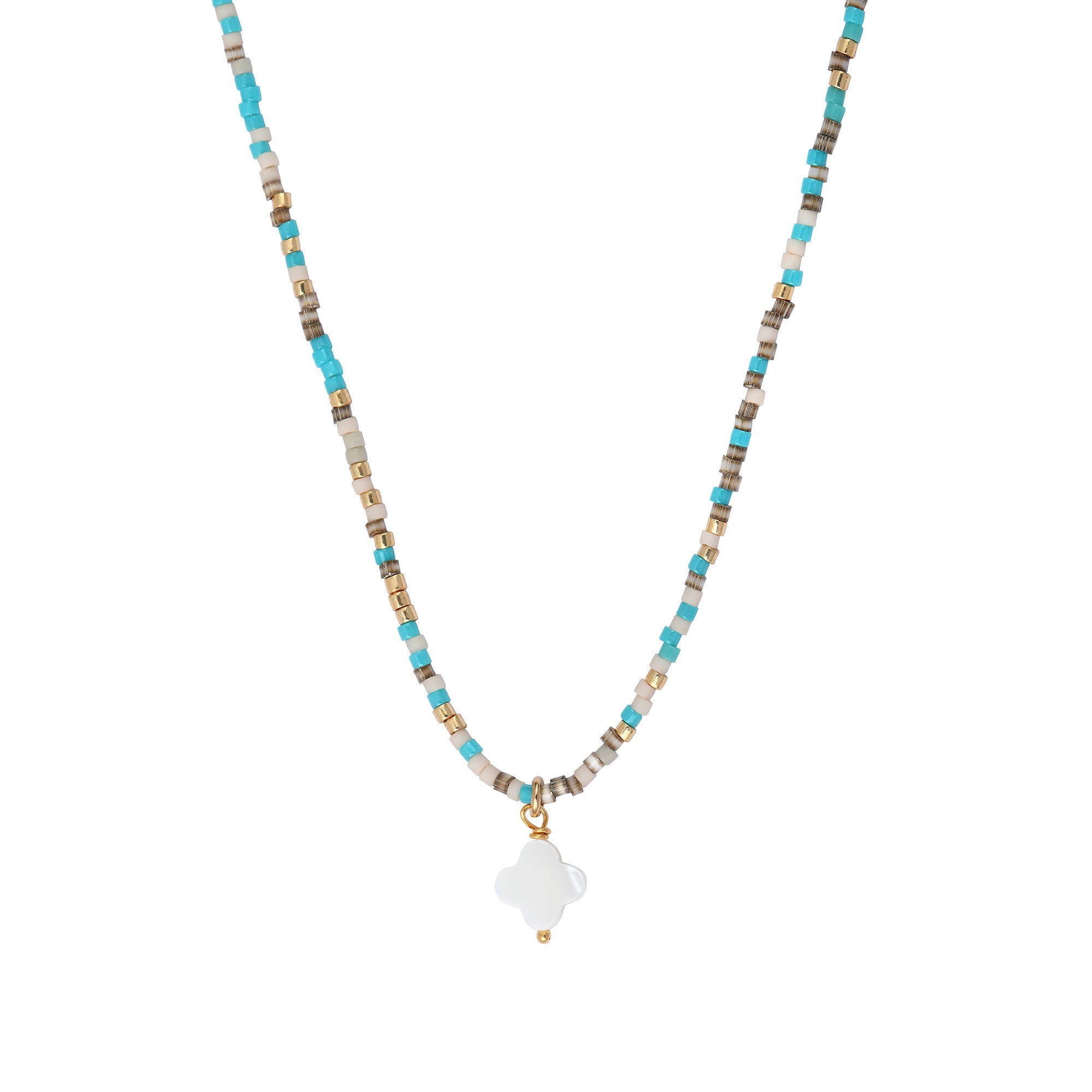 Miyuki Gold / Turquoise Mother of Pearl Flower Necklace