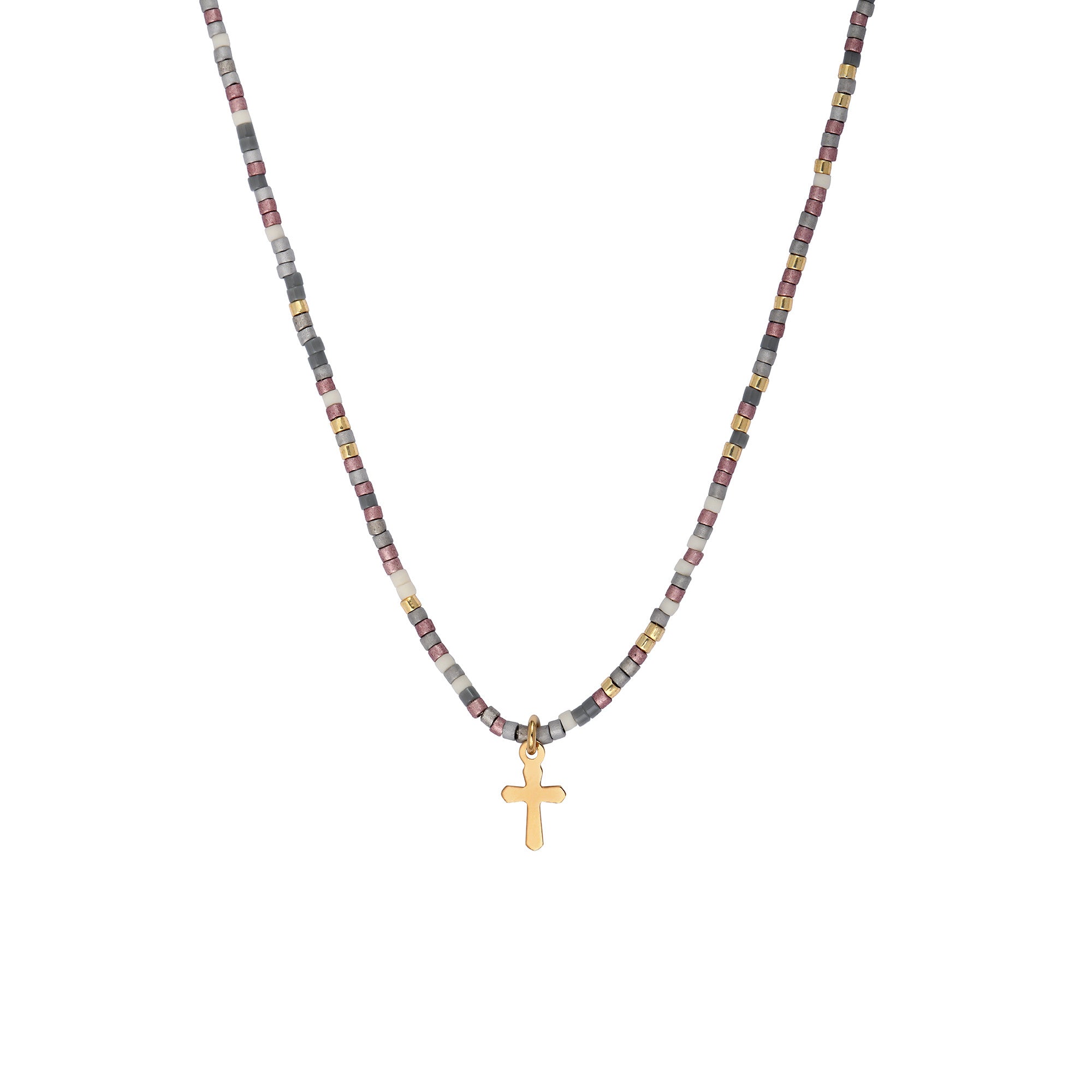 Miyuki Gray / Pink Cross Necklace